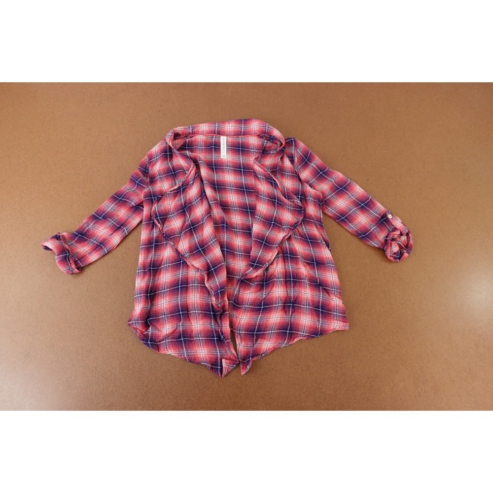 Aeropostale Women's Small Pink‎ Blue Plaid Knit 3/4 Sleeve Open Tie Front Top